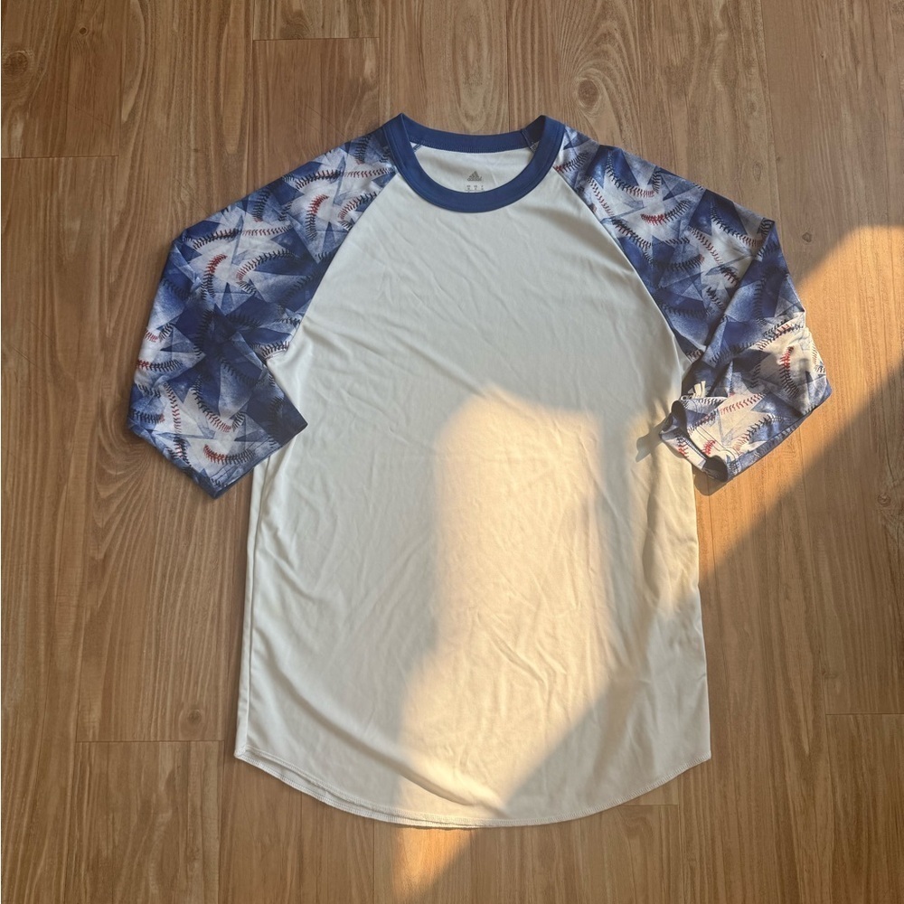 Adidas Blue and White Long Sleeve Baseball Tee